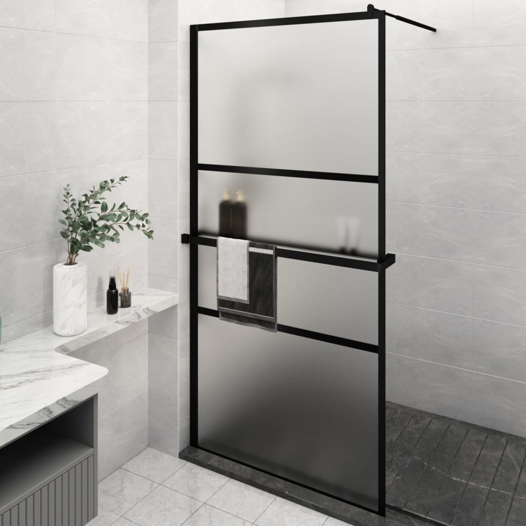 Walk-in Shower Wall with Shelf Black ESG Glass & Aluminium - Trio Modern Design and Durable Convenience