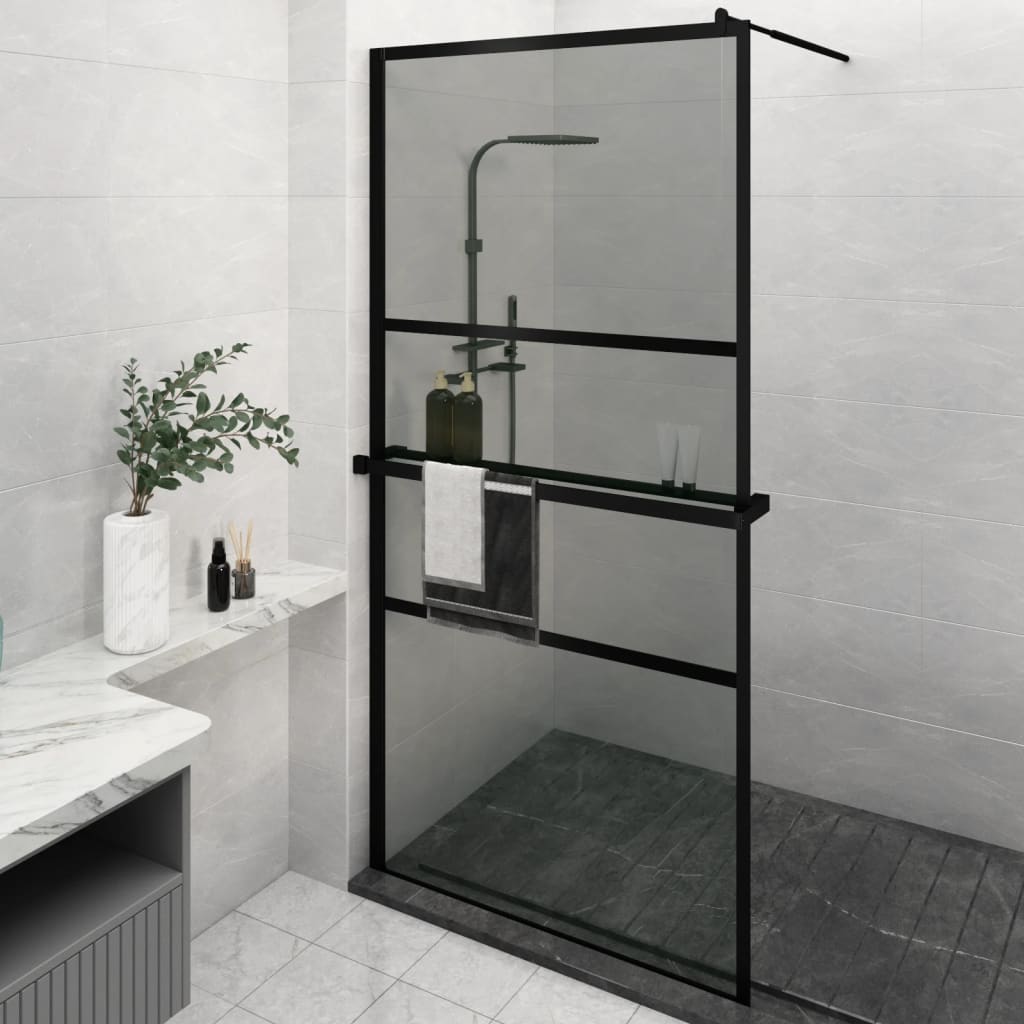 Walk-in Shower Wall with Shelf Black ESG Glass & Aluminium - Trio Modern Design and Durable Convenience