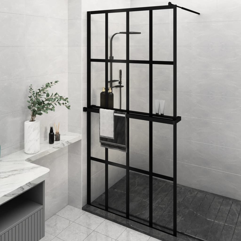 Walk-in Shower Wall with Shelf Black ESG Glass & Aluminium Tiles