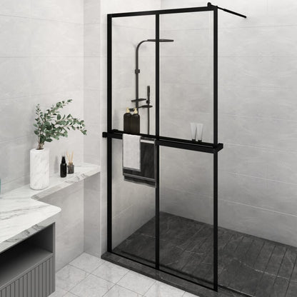 Walk-in Shower Wall with Shelf Black ESG Glass & Aluminium - Cross