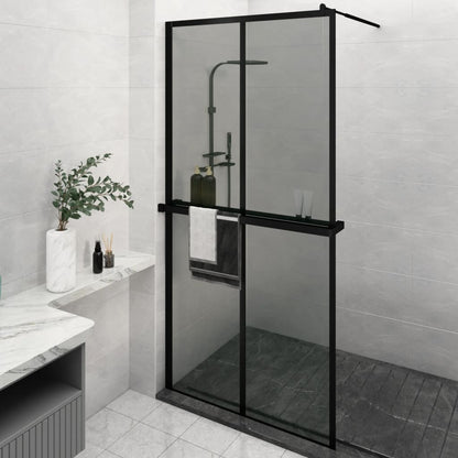 Walk-in Shower Wall with Shelf Black ESG Glass & Aluminium - Cross