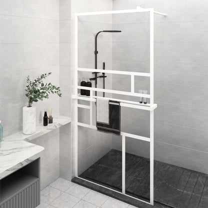 Walk-in Shower Wall with Shelf White 115x195 cm ESG Glass&Aluminium Durable Modern Design for Every Bathroom