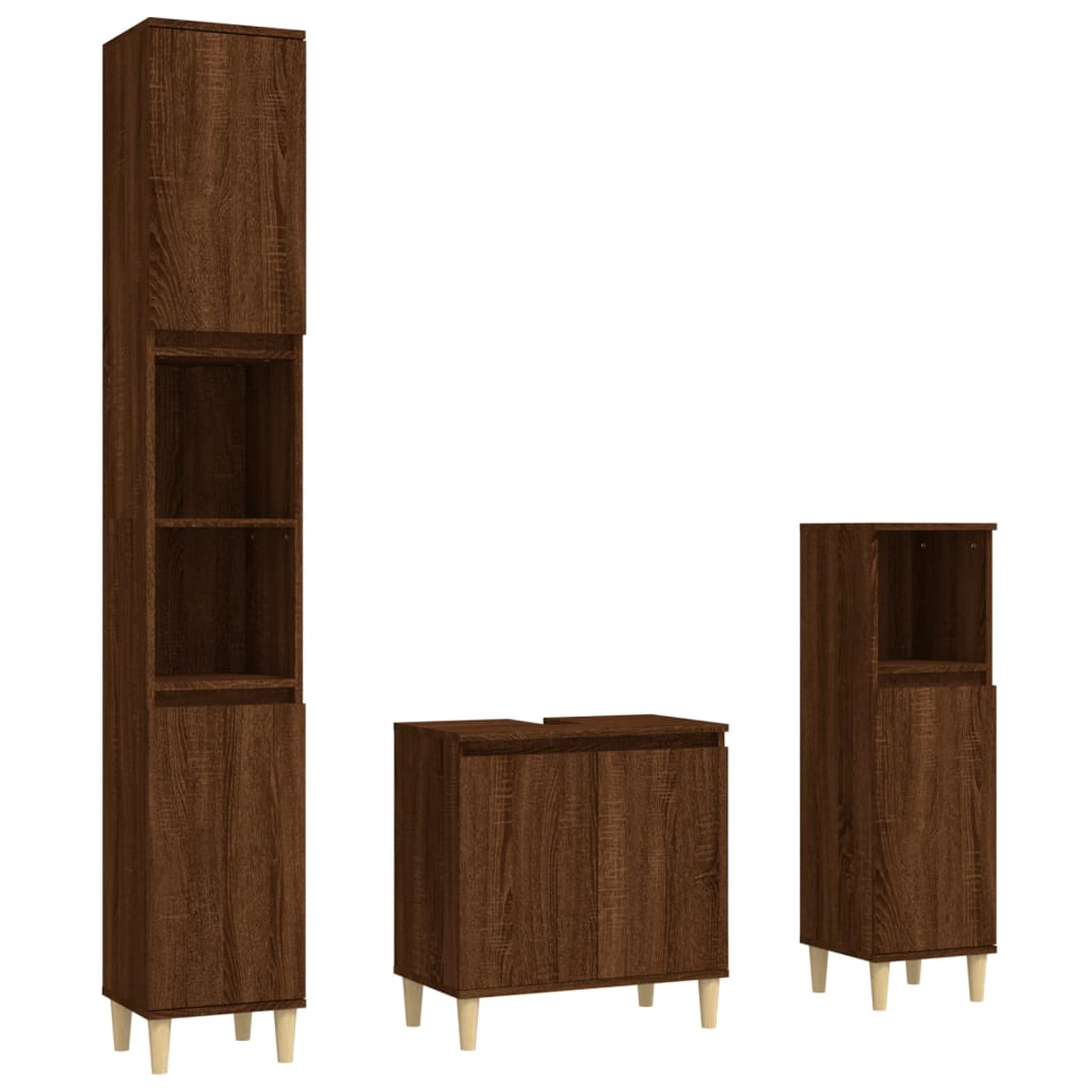 3 Piece Bathroom Furniture Set Brown Oak Engineered Wood