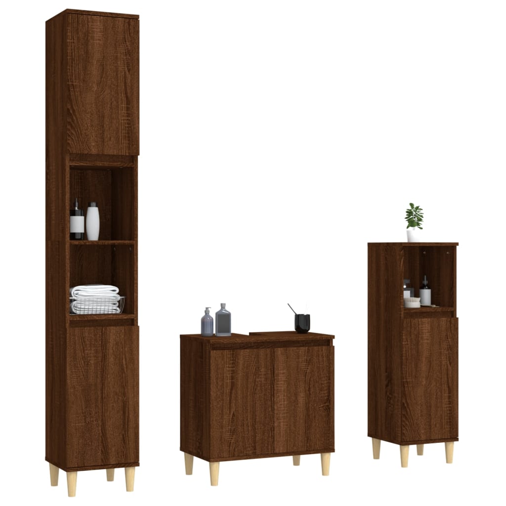 3 Piece Bathroom Furniture Set Brown Oak Engineered Wood