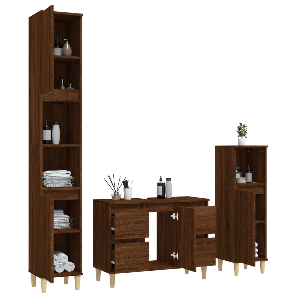 3 Piece Bathroom Furniture Set Brown Oak Engineered Wood