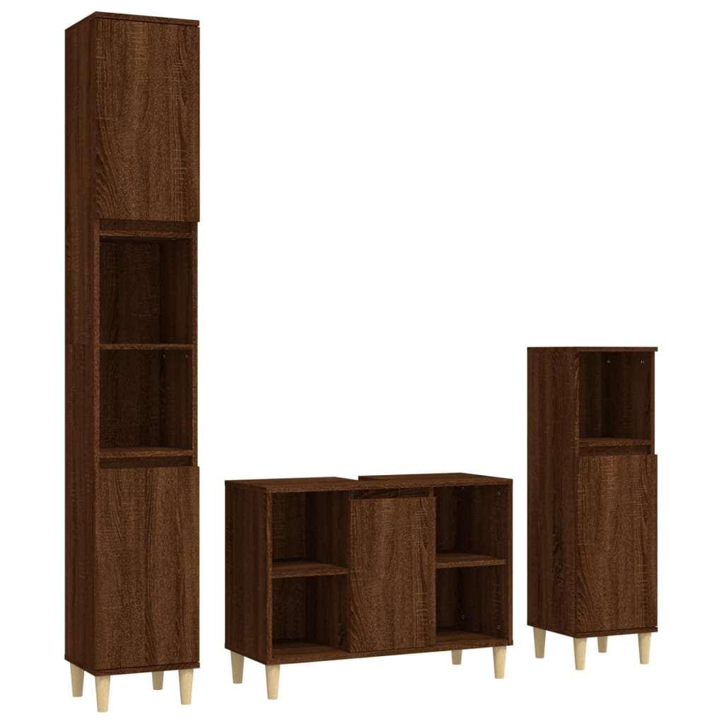 3 Piece Bathroom Furniture Set Brown Oak Engineered Wood