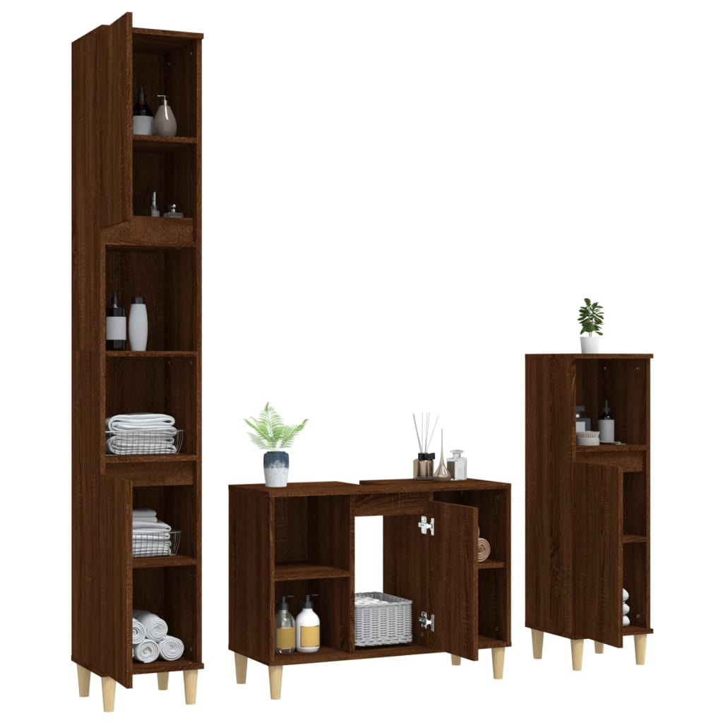 3 Piece Bathroom Furniture Set Brown Oak Engineered Wood