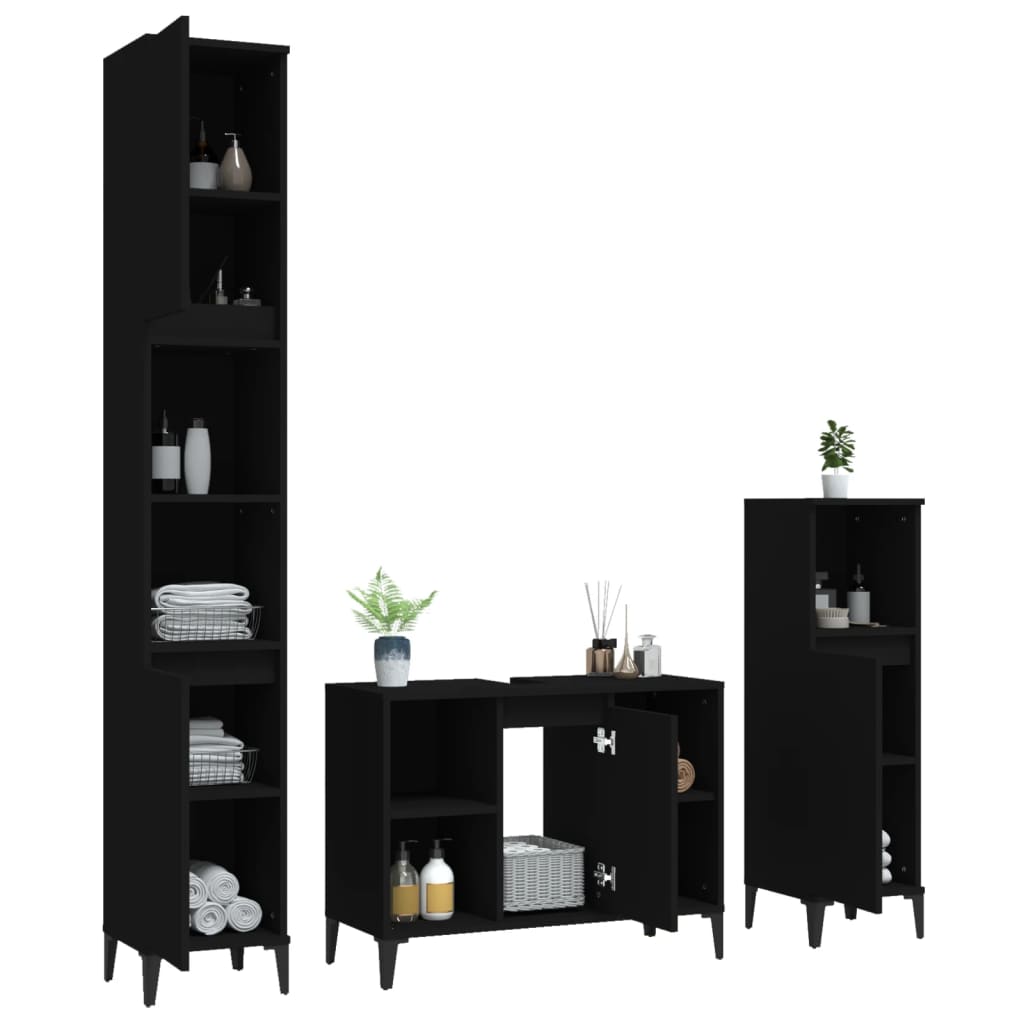 3 Piece Bathroom Furniture Set Black Engineered Wood