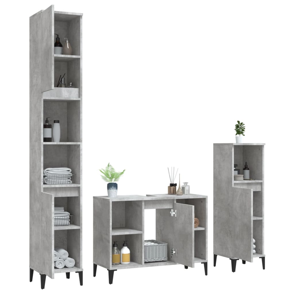 3 Piece Bathroom Furniture Set Concrete Grey Engineered Wood