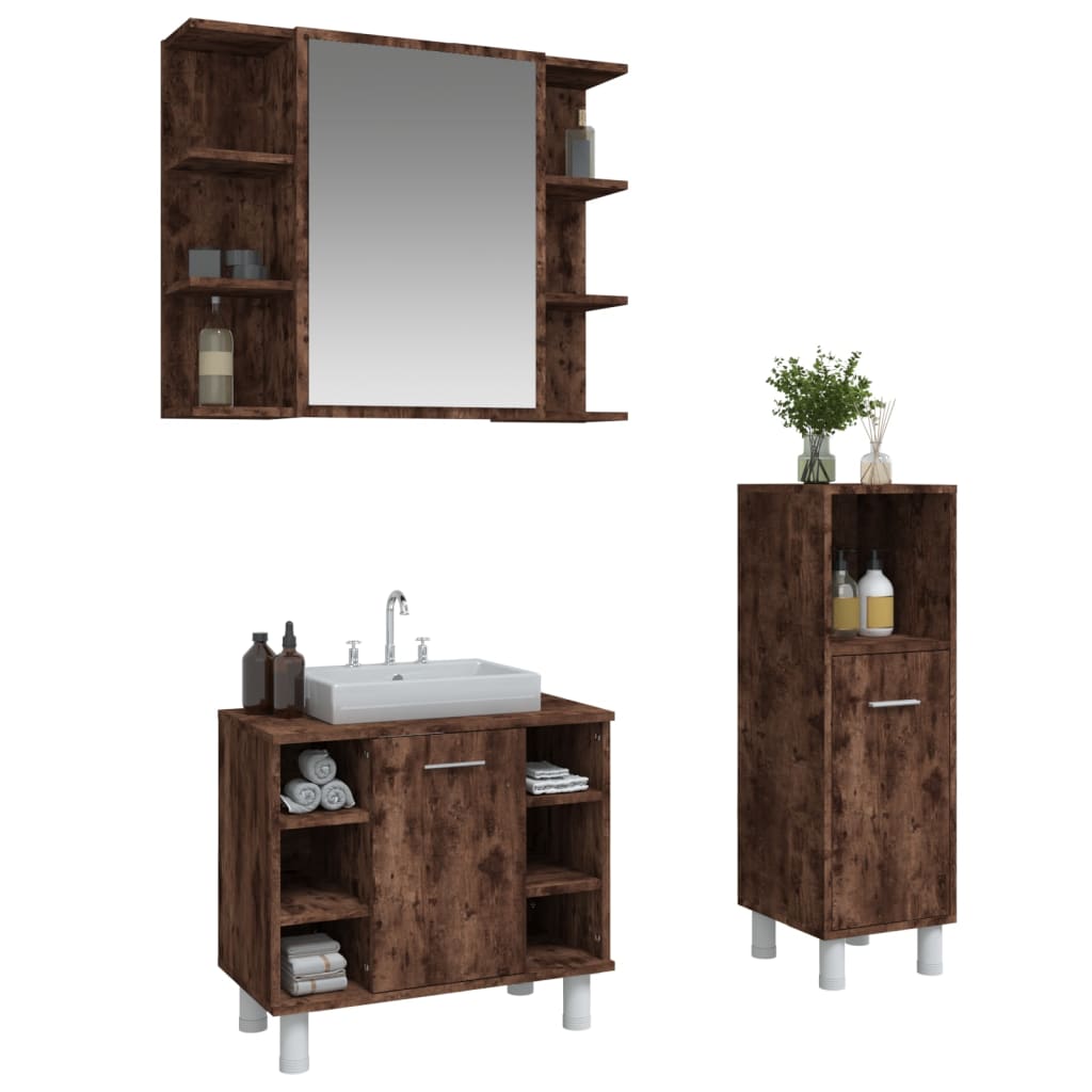 3 Piece Bathroom Cabinet Set Smoked Oak Engineered Wood