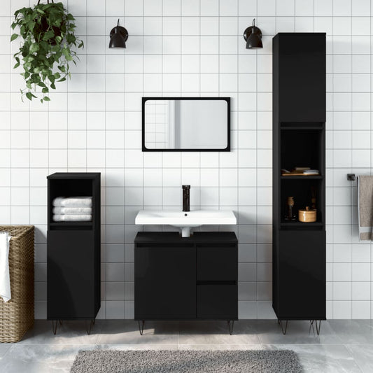 3 Piece Bathroom Furniture Set Black Engineered Wood