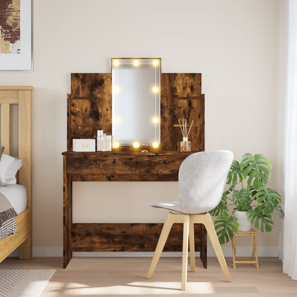 Dressing Table with LED Lights Smoked Oak 96x40x142 cm - Bend