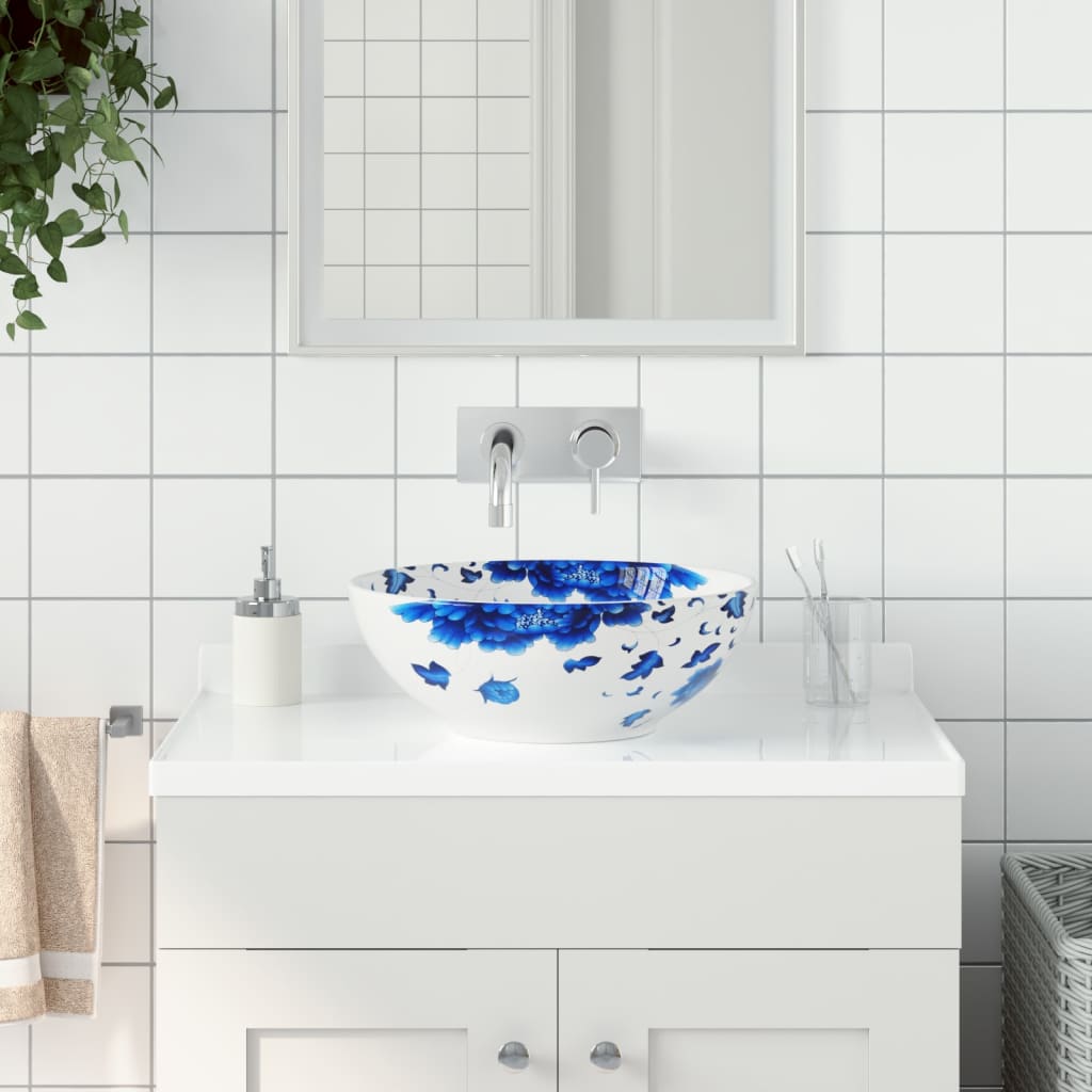 Countertop Basin White and Blue Round Φ41x14 cm Ceramic - Bend