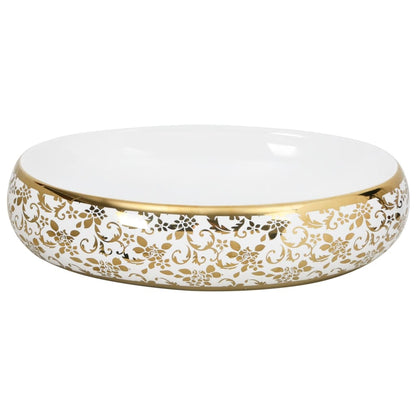 Countertop Basin White and Gold Oval 59x40x15 cm Ceramic