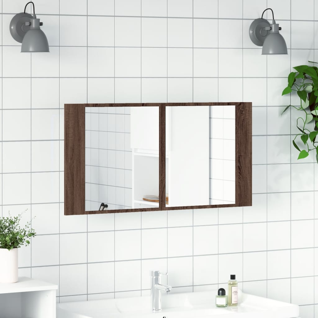 LED Bathroom Mirror Cabinet Brown Oak 90x12x45 cm Acrylic - Bend