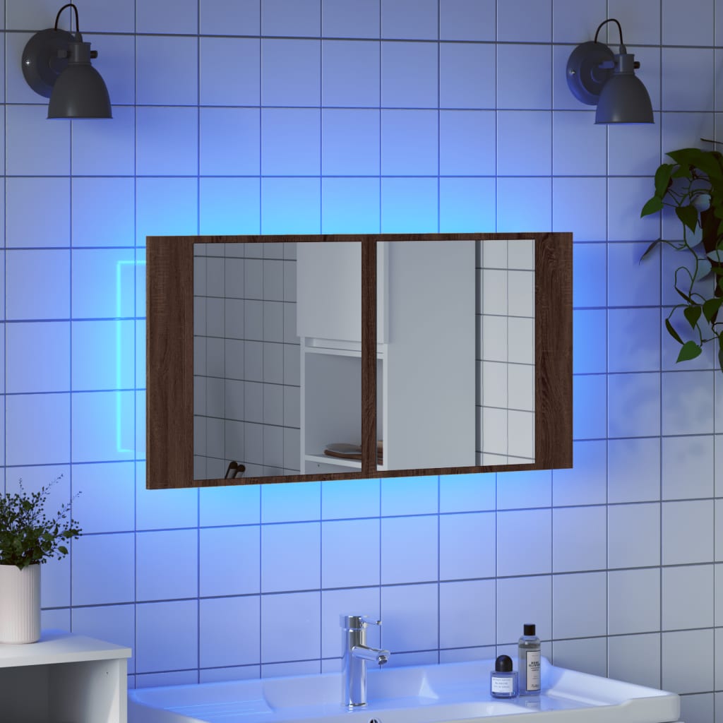 LED Bathroom Mirror Cabinet Brown Oak 90x12x45 cm Acrylic - Bend