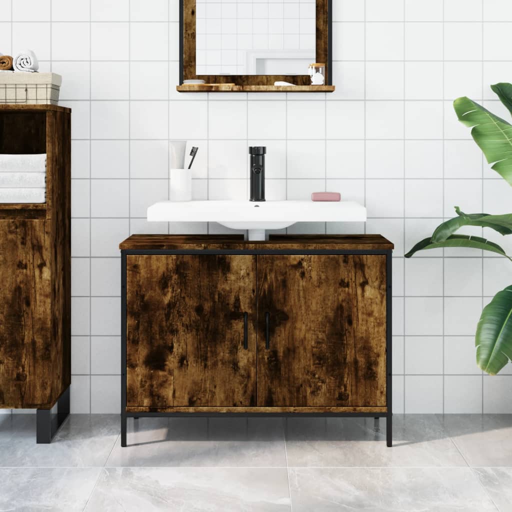 Bathroom Sink Cabinet Smoked Oak 80x30x60 cm Engineered Wood - Bend