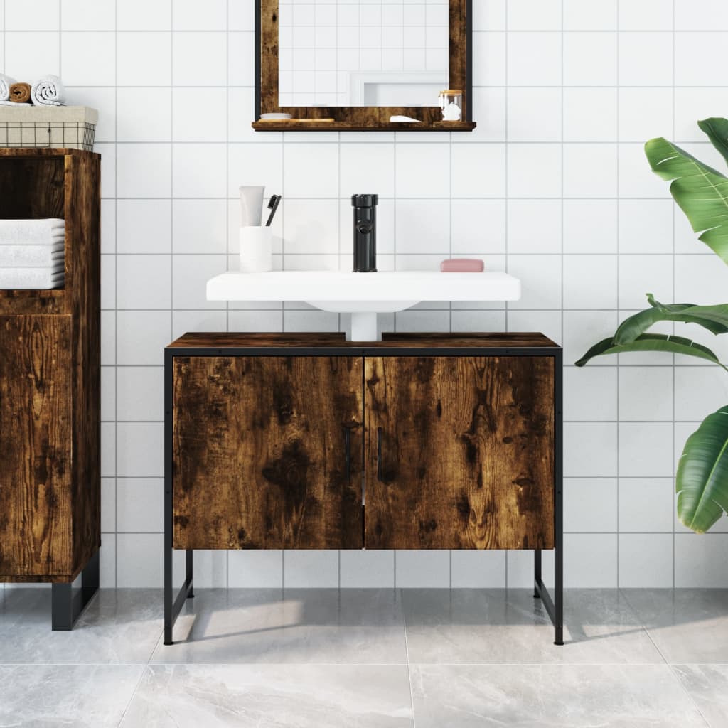 Bathroom Sink Cabinet Smoked Oak 80x33x60 cm Engineered Wood - Bend