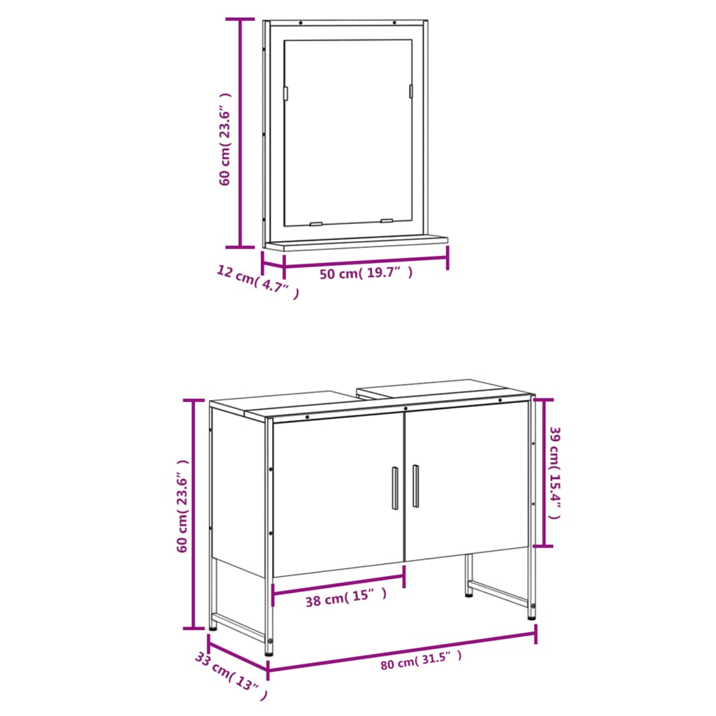 2 Piece Bathroom Cabinet Set Smoked Oak Engineered Wood