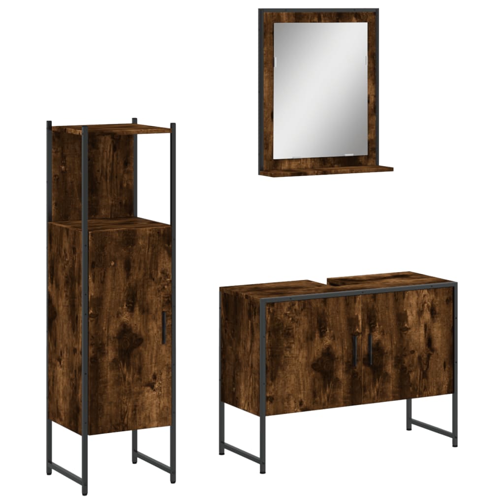 3 Piece Bathroom Cabinet Set Smoked Oak Engineered Wood