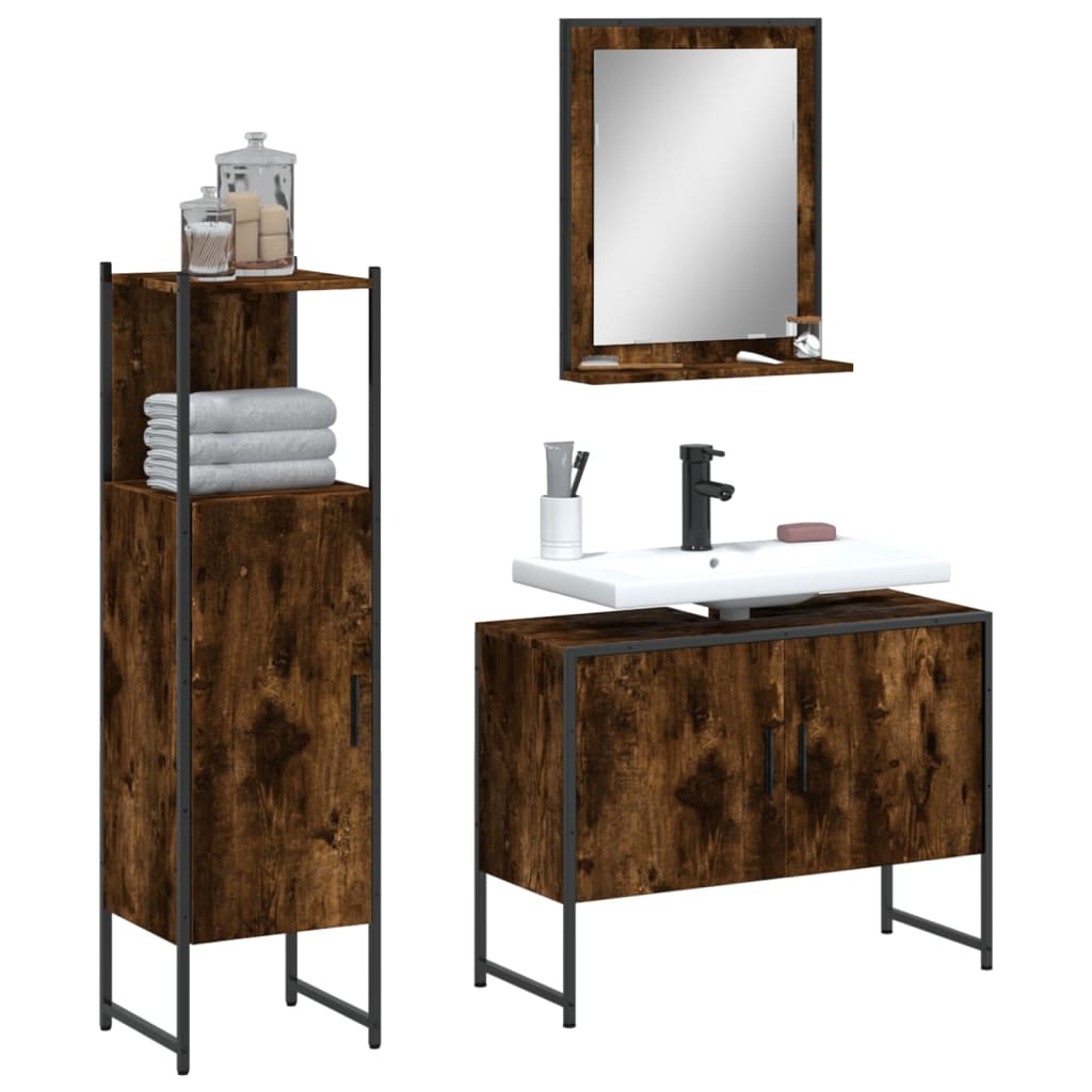 3 Piece Bathroom Cabinet Set Smoked Oak Engineered Wood