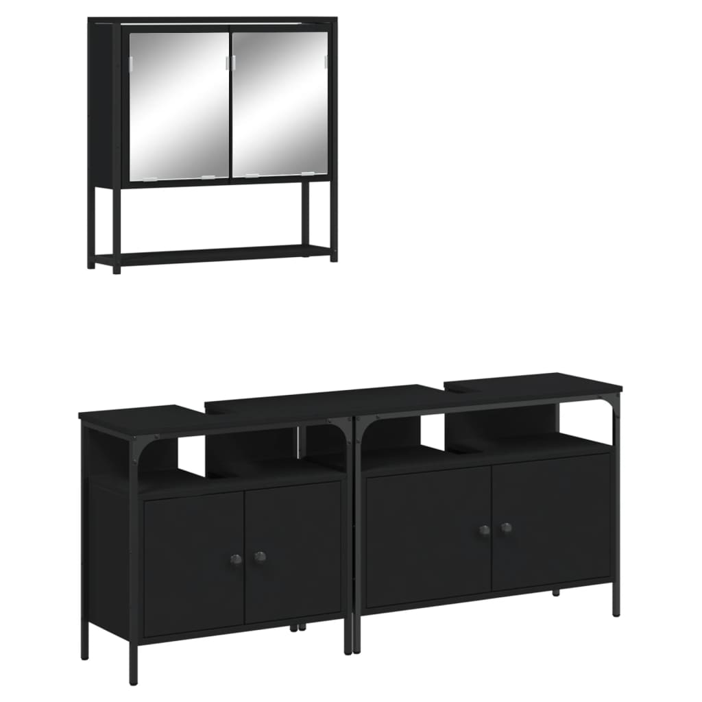 3 Piece Bathroom Furniture Set Black Engineered Wood