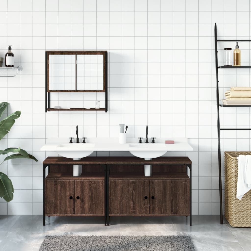 3 Piece Bathroom Furniture Set Brown Oak Engineered Wood