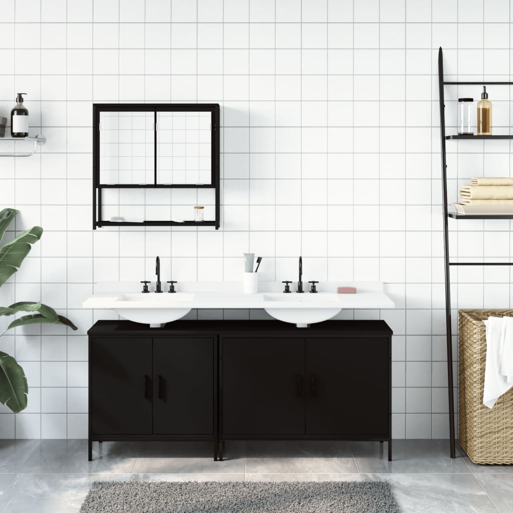 3 Piece Bathroom Furniture Set Black Engineered Wood