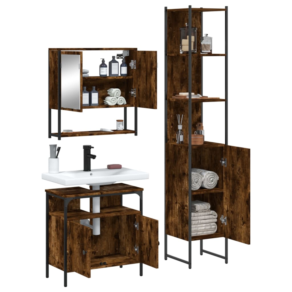 3 Piece Bathroom Furniture Set Smoked Oak Engineered Wood