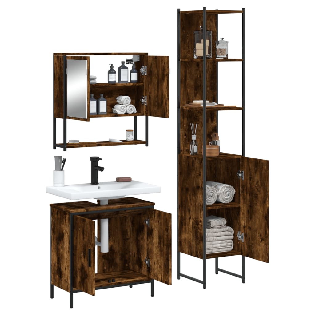 3 Piece Bathroom Furniture Set Smoked Oak Engineered Wood