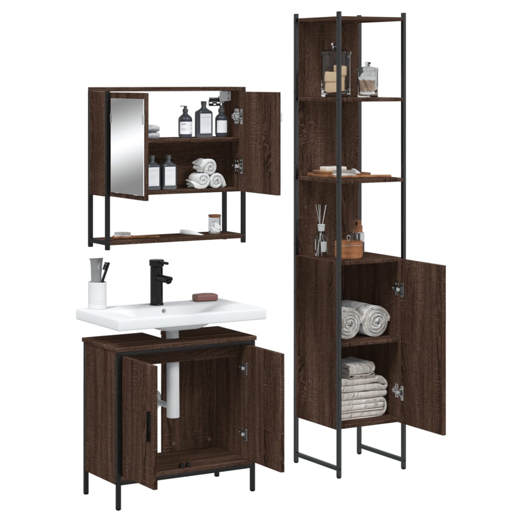 3 Piece Bathroom Furniture Set Brown Oak Engineered Wood