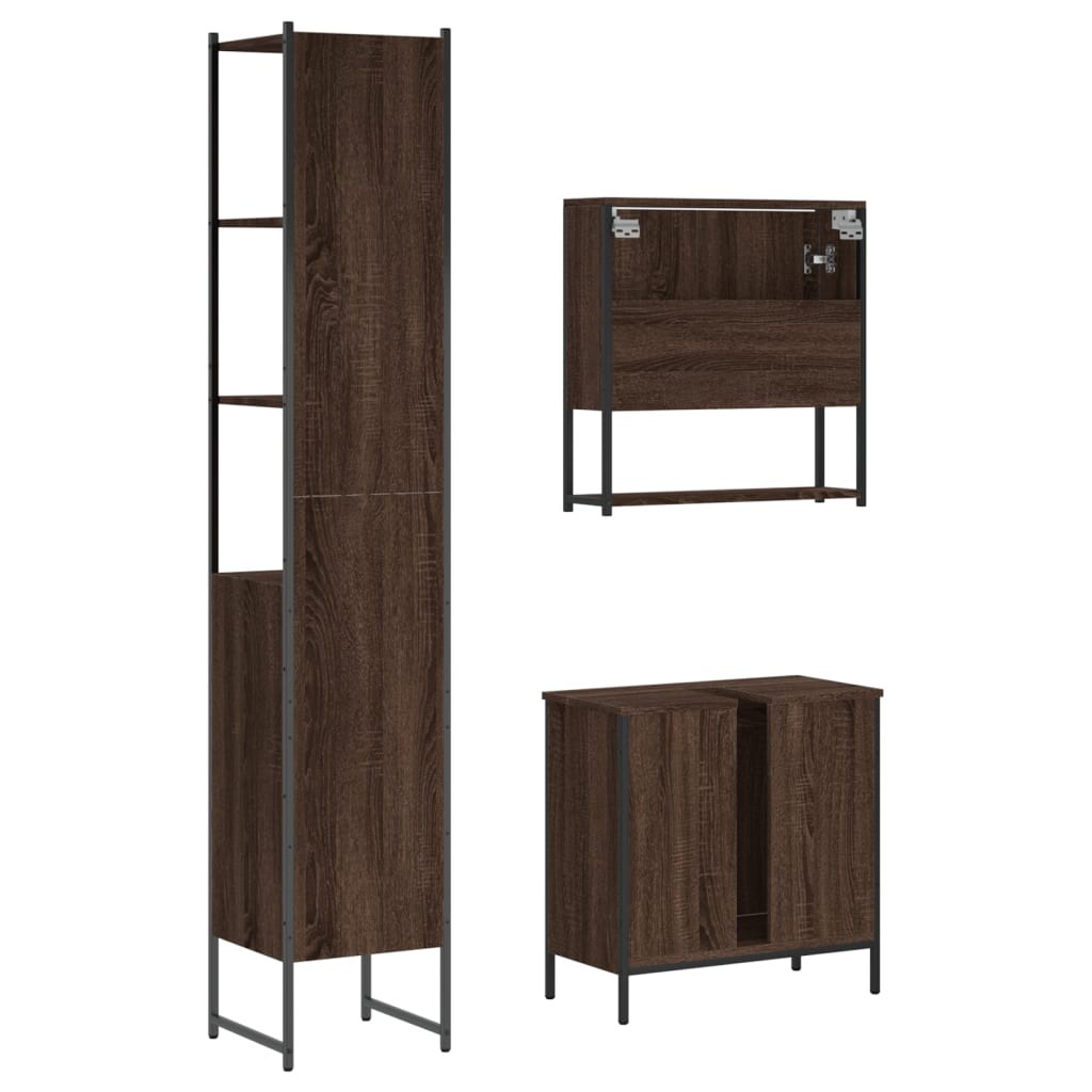 3 Piece Bathroom Furniture Set Brown Oak Engineered Wood