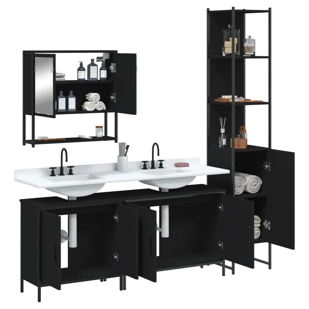 4 Piece Bathroom Furniture Set Black Engineered Wood