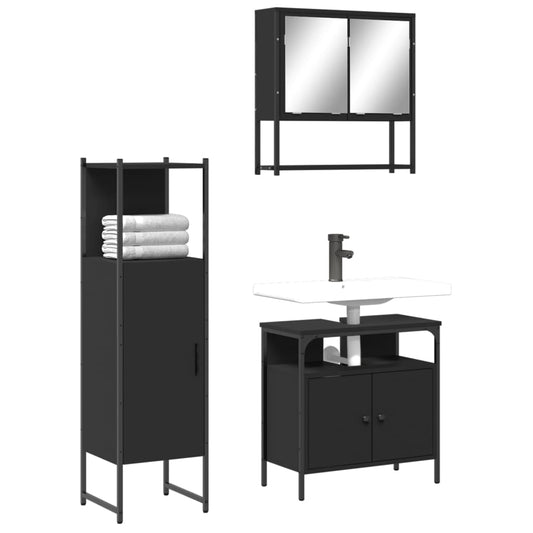 3 Piece Bathroom Furniture Set Black Engineered Wood