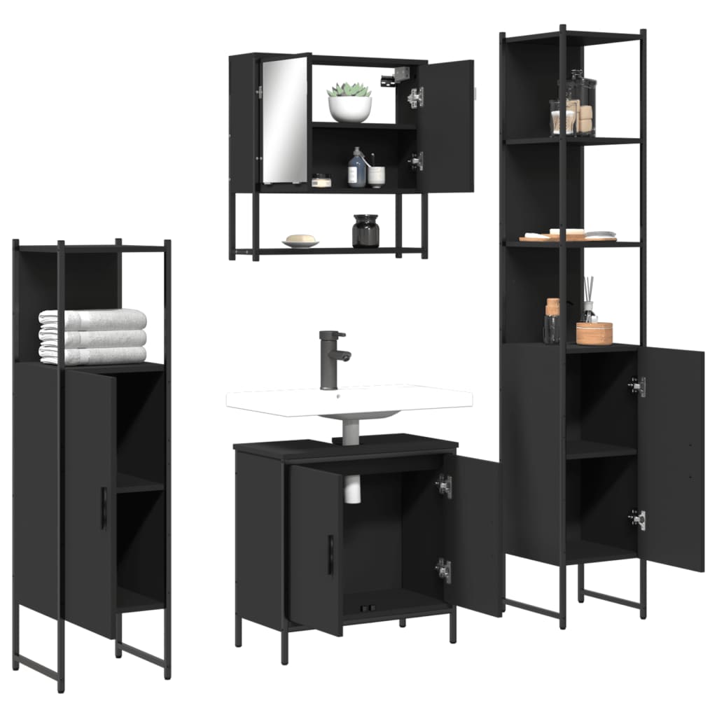 4 Piece Bathroom Furniture Set Black Engineered Wood