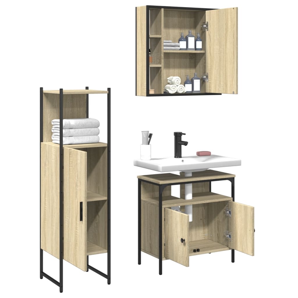 3 Piece Bathroom Cabinet Set Sonoma Oak Engineered Wood