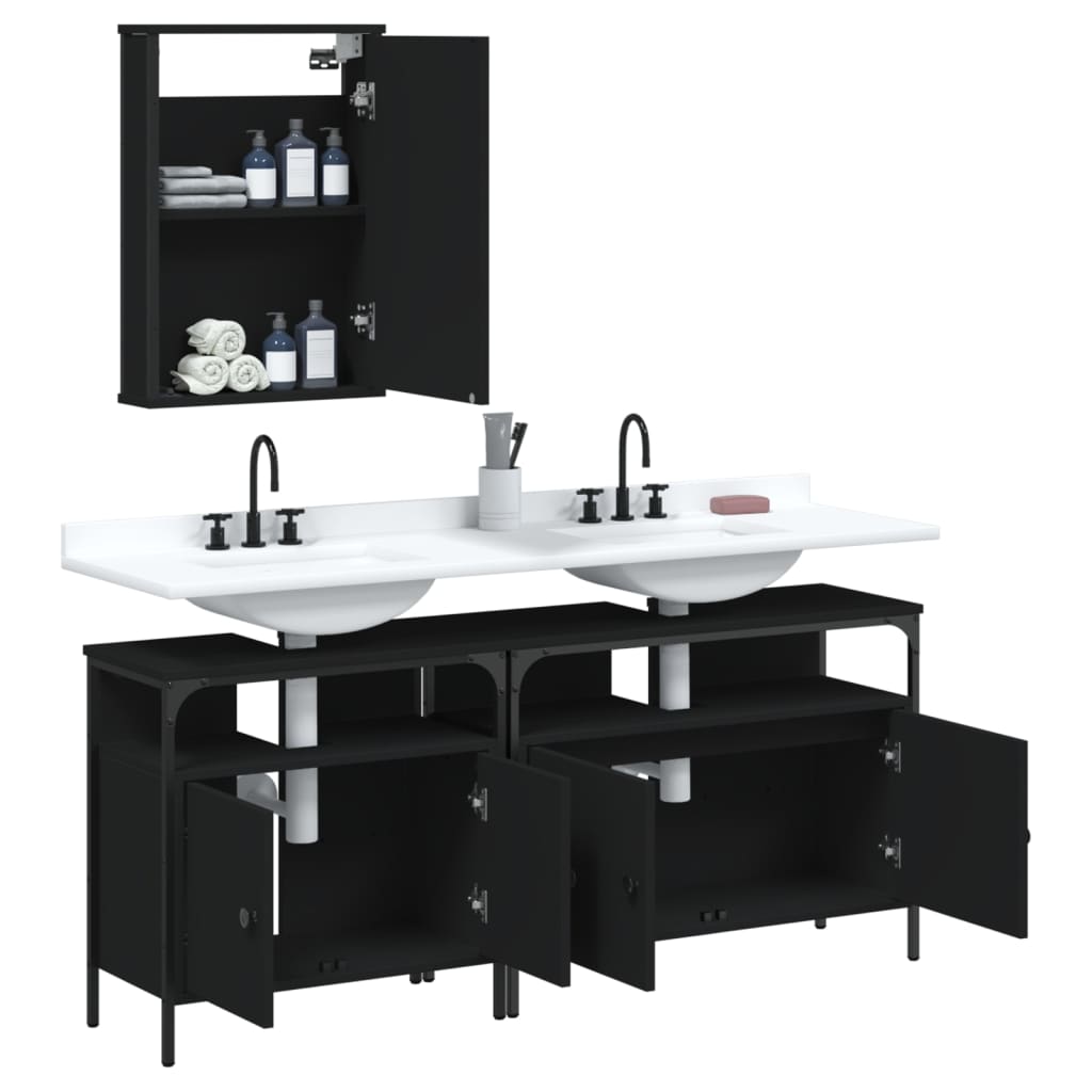 3 Piece Bathroom Furniture Set Black Engineered Wood