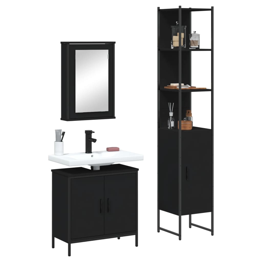 3 Piece Bathroom Furniture Set Black Engineered Wood