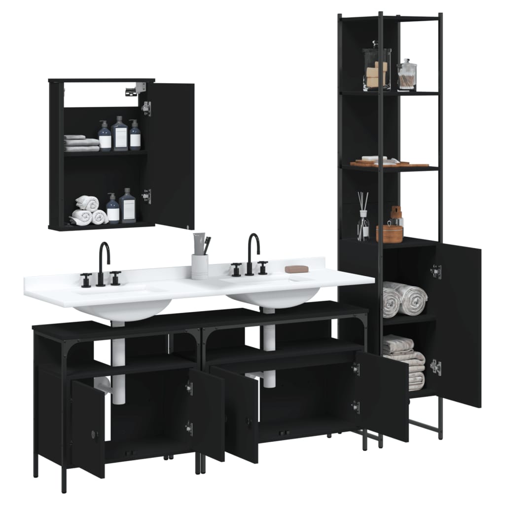 4 Piece Bathroom Furniture Set Black Engineered Wood