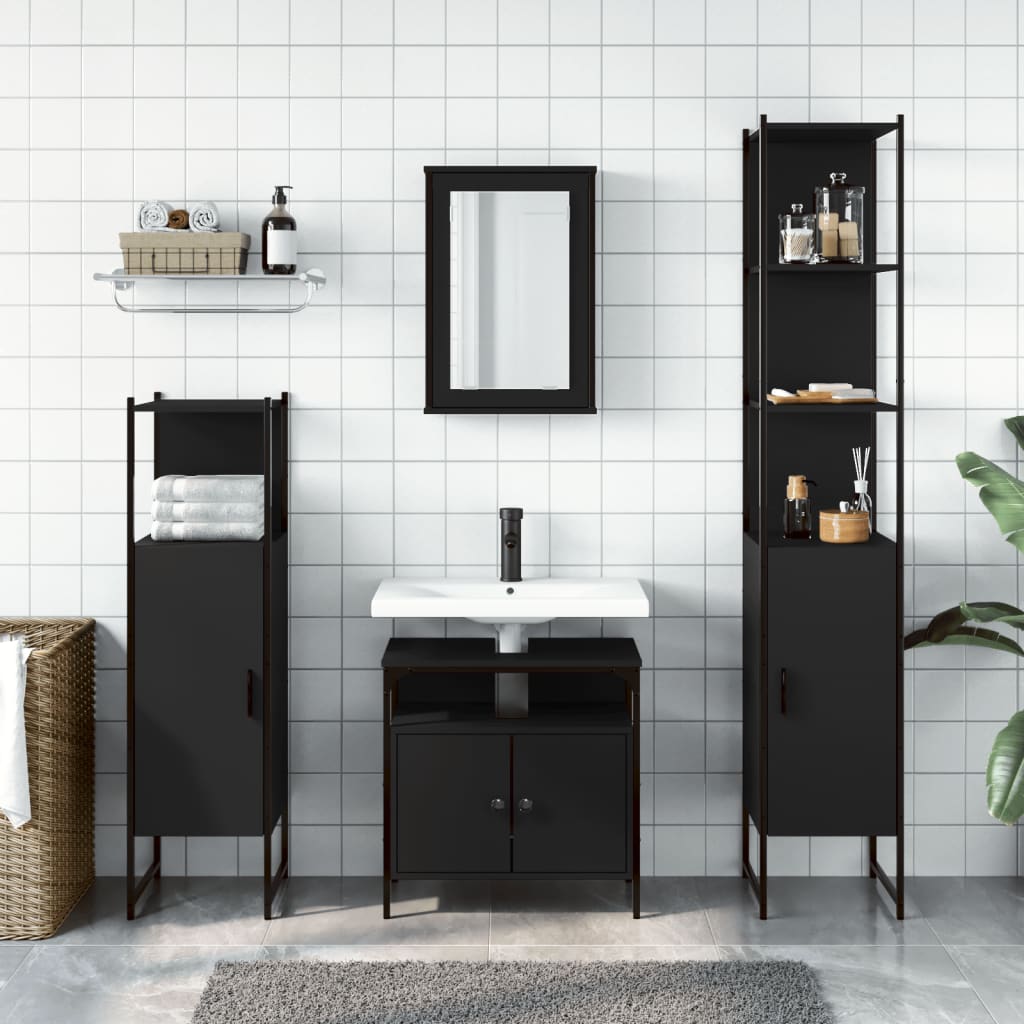 4 Piece Bathroom Furniture Set Black Engineered Wood