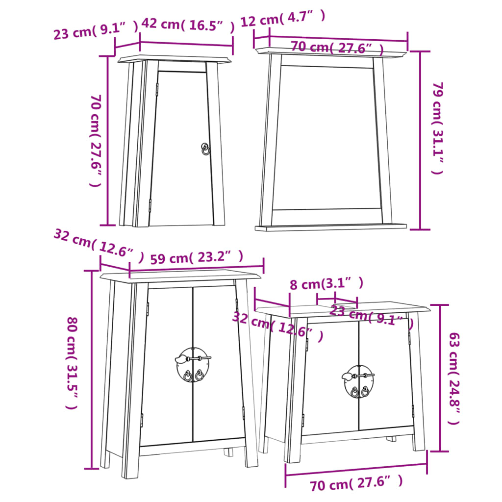 4 Piece Bathroom Furniture Set Solid Wood Pine