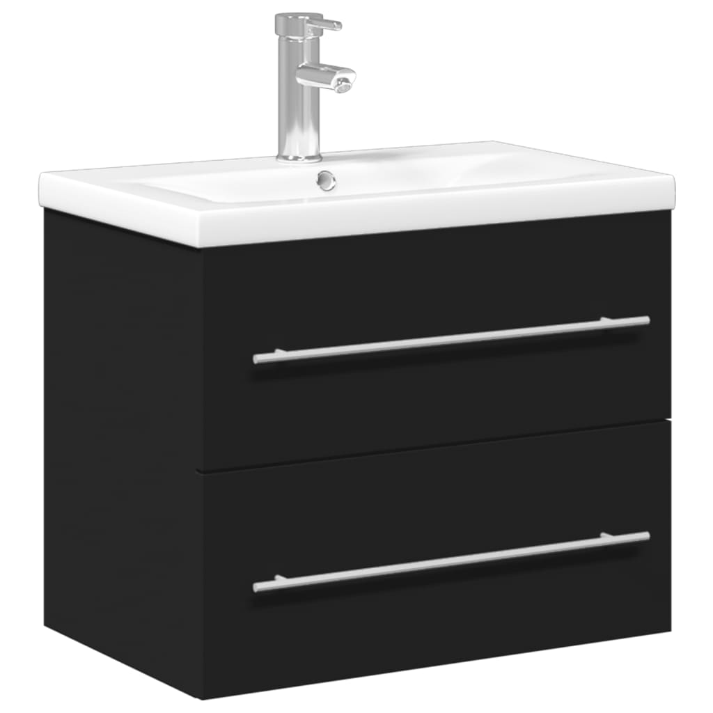 Bathroom Sink Cabinet with Built-in Basin - Black with Silver Handles