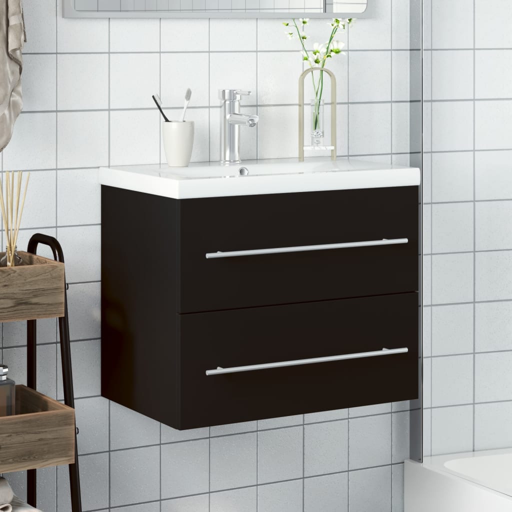 Bathroom Sink Cabinet with Built-in Basin - Black with Silver Handles