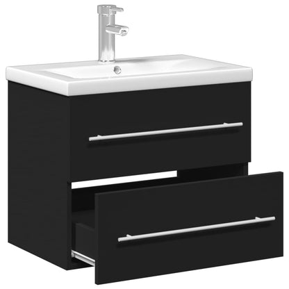 Bathroom Sink Cabinet with Built-in Basin - Black with Silver Handles