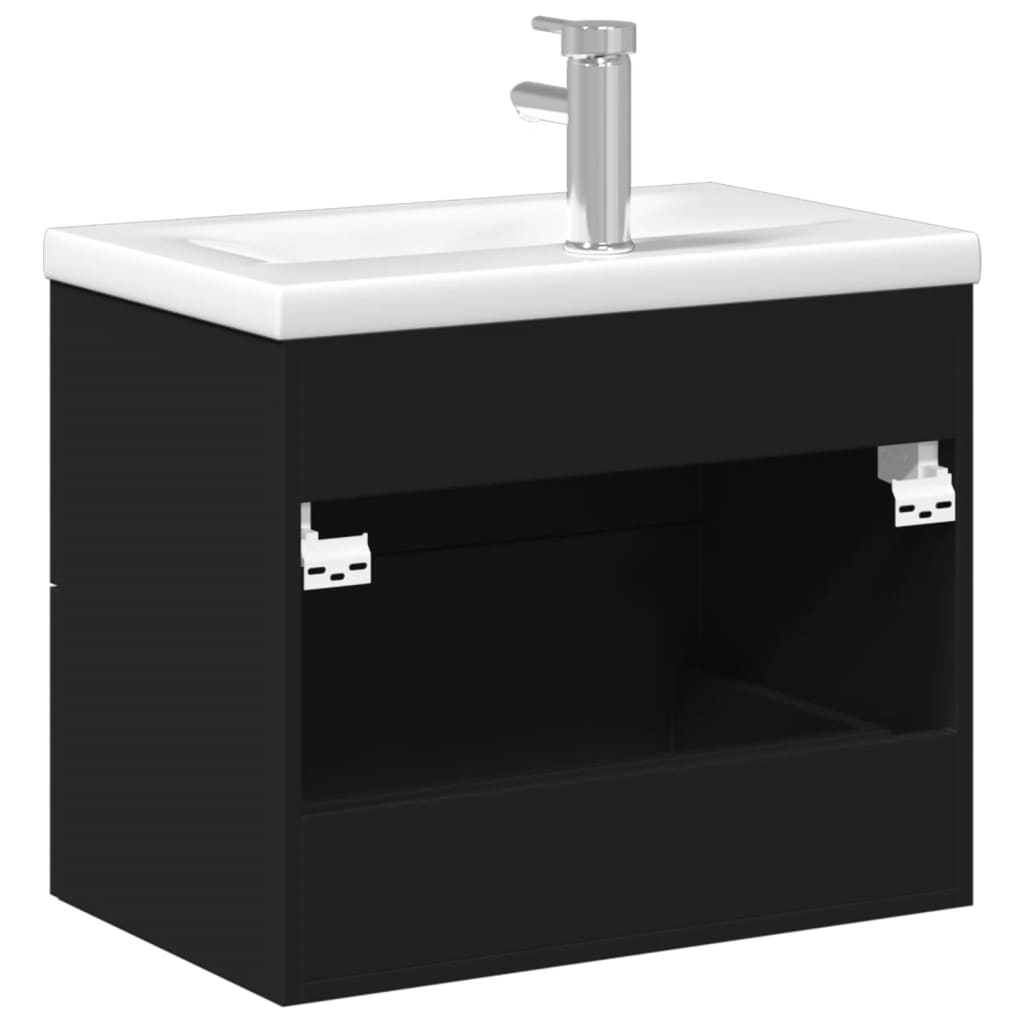 Bathroom Sink Cabinet with Built-in Basin - Black with Silver Handles