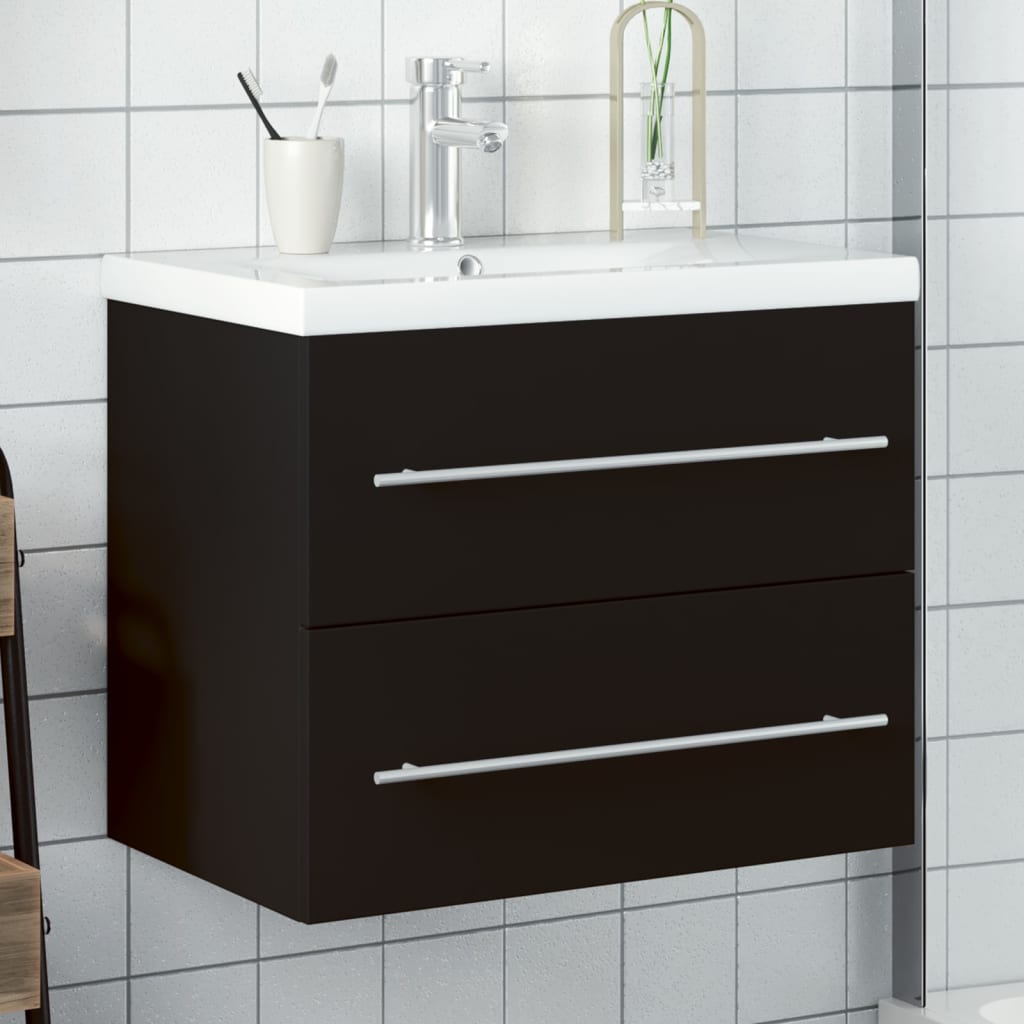 Bathroom Sink Cabinet with Built-in Basin - Black with Silver Handles