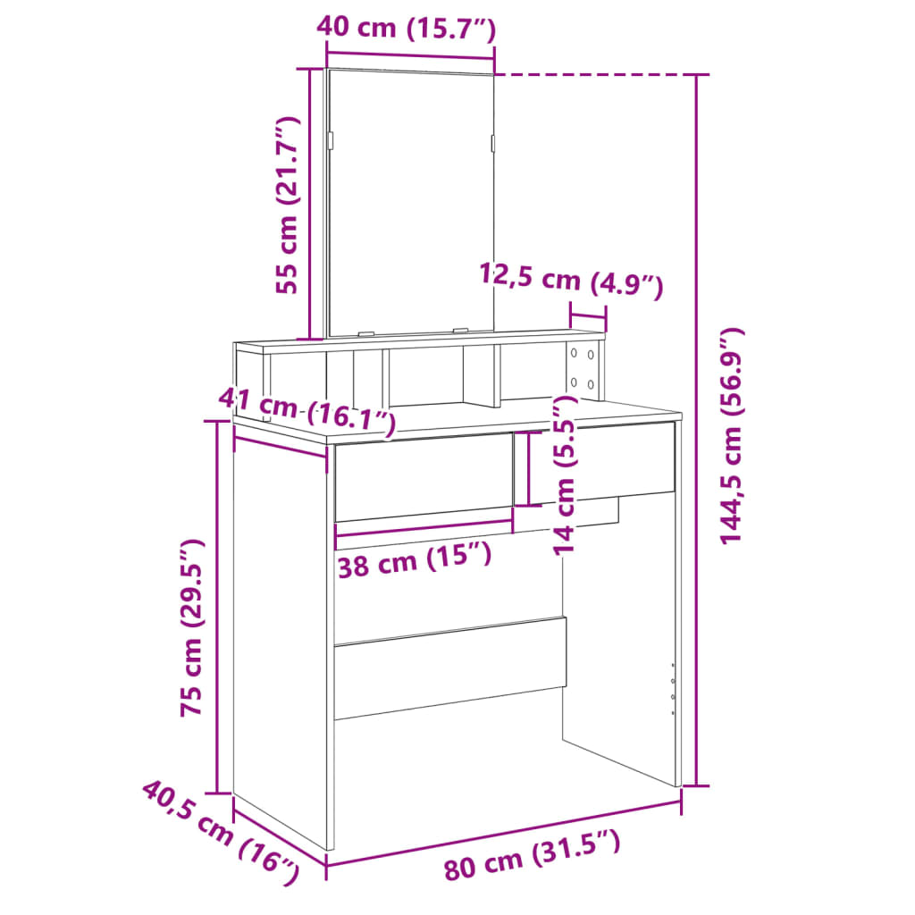 Dressing Table with Mirror Grey Sonoma 80x41x144.5 cm - Bend