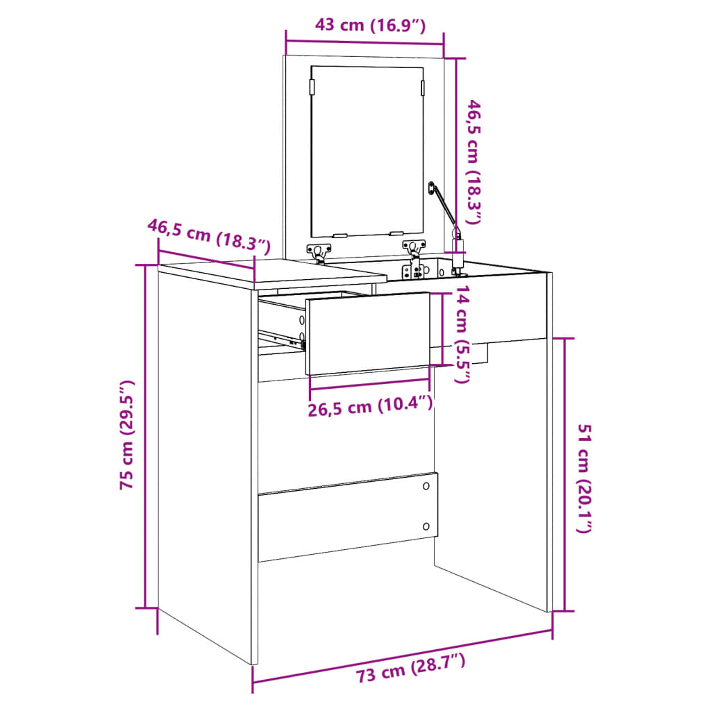 Dressing Table with Mirror Grey Sonoma 73x46.5x120 cm