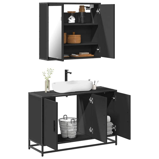 2 Piece Bathroom Furniture Set Black Engineered Wood