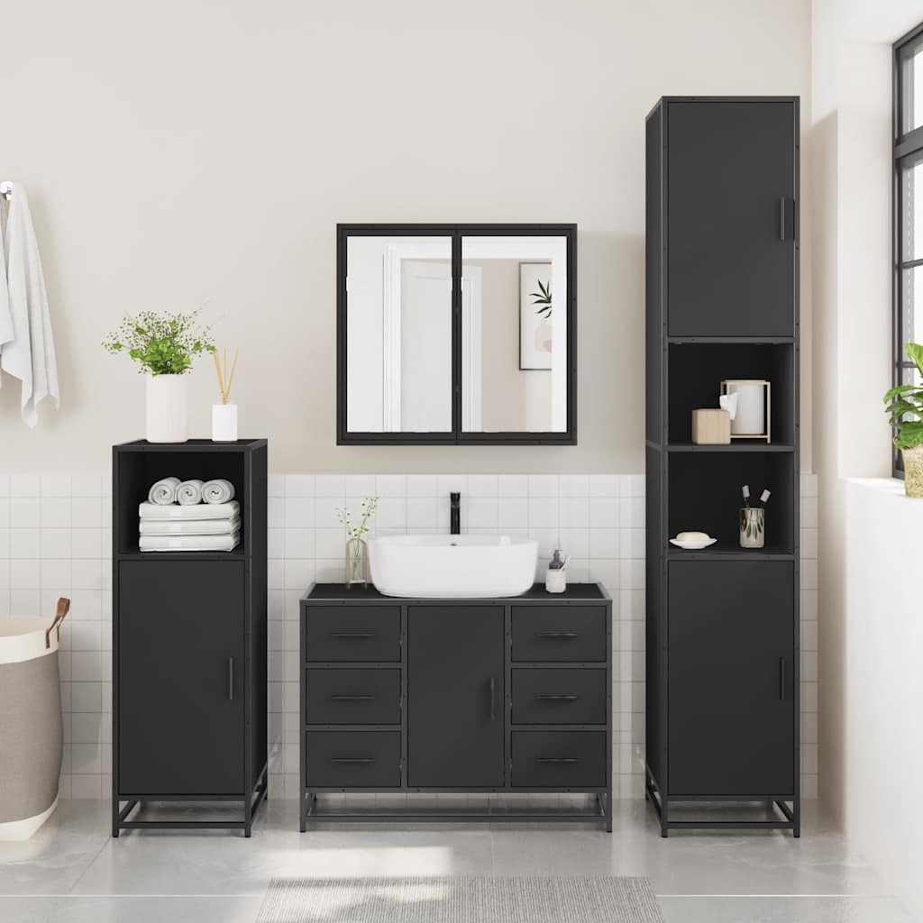 2 Piece Bathroom Furniture Set Black Engineered Wood